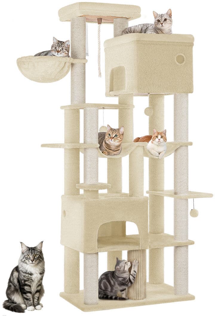 Happy Larry 185 cm Large Cat Tree, XL Heavy Tall Cat Tower for Maine Coon, Multi-level Cats Climbing Tower with 2 Condos and 10 Sisal, 2 Hammocks Beige 185cm H X 68cm W X 45cm D