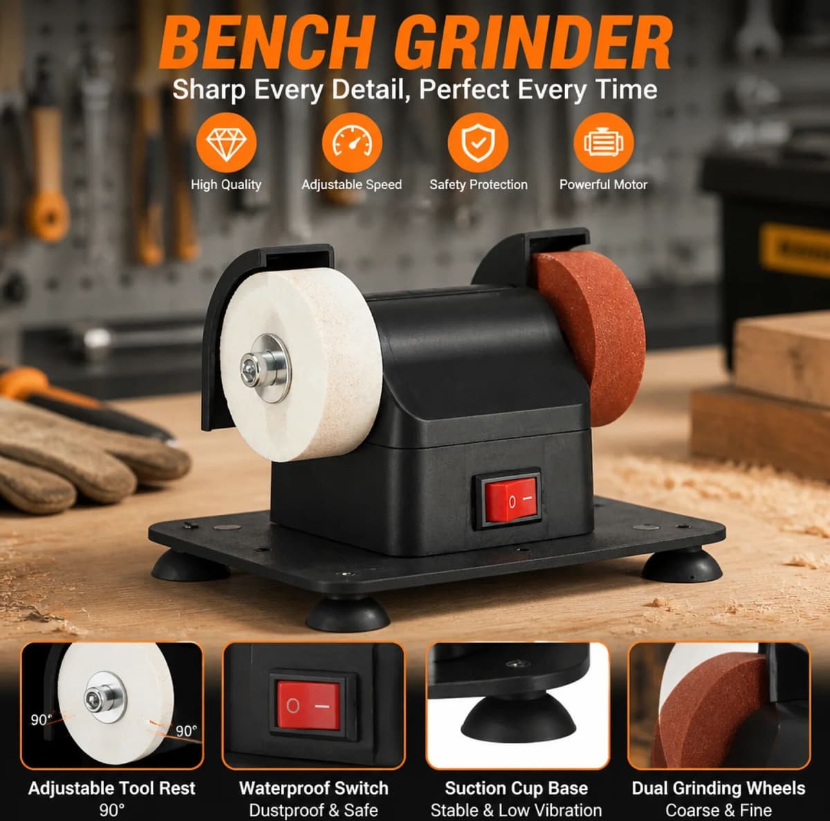 NONE Adjustable-Speed Mini Benchtop Grinding Wheel Machine   space-saving-Saving Design Bench Grind with Two Wheels for Home Workshop