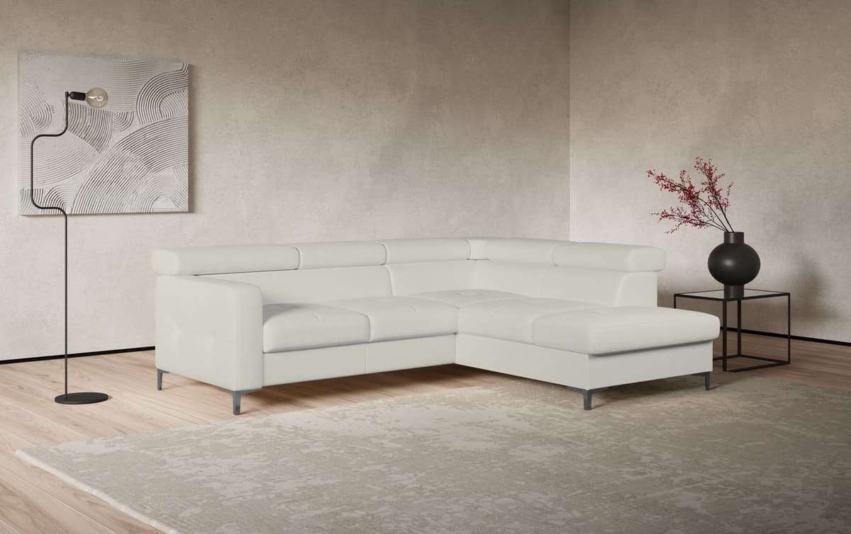 Ecksofa COTTA "Sammy L-Form", weiß (altweiß), B:239cm H:74cm T:207cm, Microfaser Primabelle (100% Polyester);Die Rückseite und die Liegefläche der Bettfunktion in NaturLEDER ist mit schwarzem Spannstoff bezogen, Sofas, Ecksofa, mit Kopfteilverstellung, wa