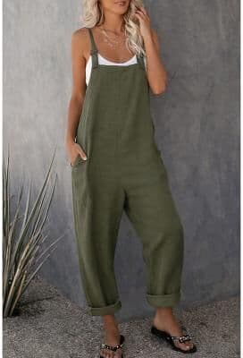LightInthebox Women's Jumpsuits Casual Bib Utility Rompers Side Pockets Full Length Pants Weekend Inelastic Plain Faux Linen Comfort Mid Waist Green Black Red S M L XL XXL Summer Fall Dungarees