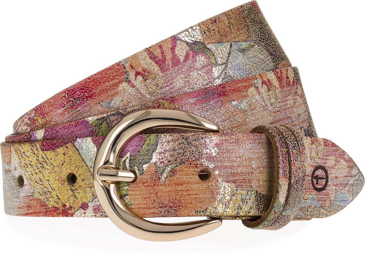 Ledergürtel TAMARIS "Cecilia Gold", Damen, Gr. 100, bunt (multicolour, gold), Rindsleder, geblümt, mehrfarbig, Gürtel Ledergürtel, mit 3 cm Breite, aus Rindsleder, im Metallic-Design oder Animal-Look