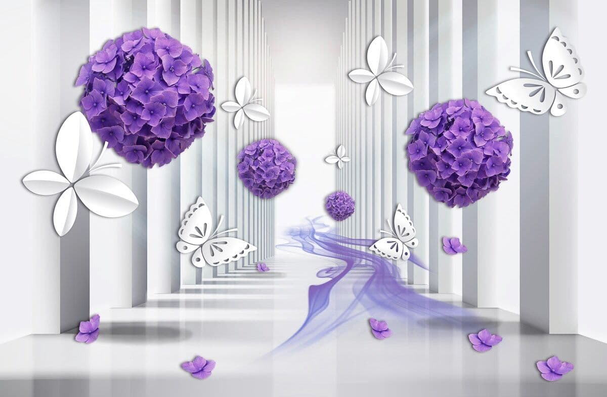 Fototapete PAPERMOON "BLUMEN-ART DESIGN ABSTRAKT MUSTER KUNST SCHMETTERLINGE", bunt, B:2,5m L:1,86m, Vlies, Tapeten, Fototapete bunt B/L: 2,5m x 1,86m, Bahnen: 5 Stk.
