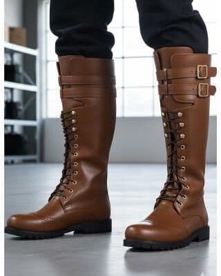 LightInthebox Men's Black Knee High Combat Boots, Lace-Up Military Boots with Double Buckle Straps Lug Sole, Motorcycle Boots for Bikers, Punk Streetwear Outdoor Casual Wear