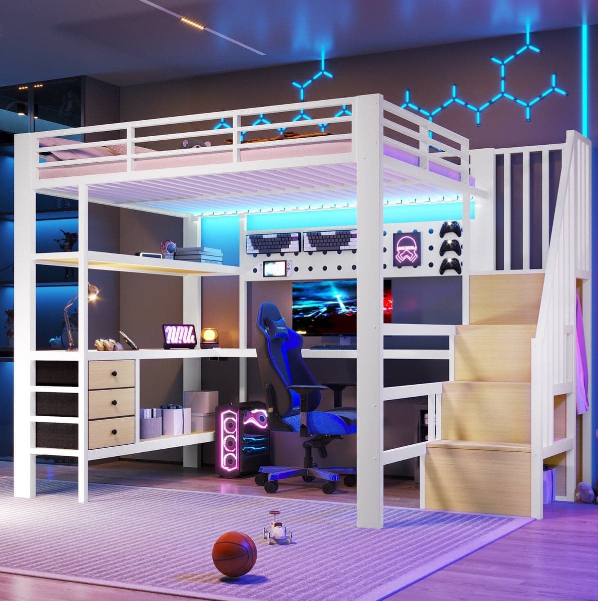 WUVRIE Hoogslaper voor kinderen met bureau, trap met opbergruimte, lades, LED-verlichting en stopcontact, wit, 140 x 200 cm