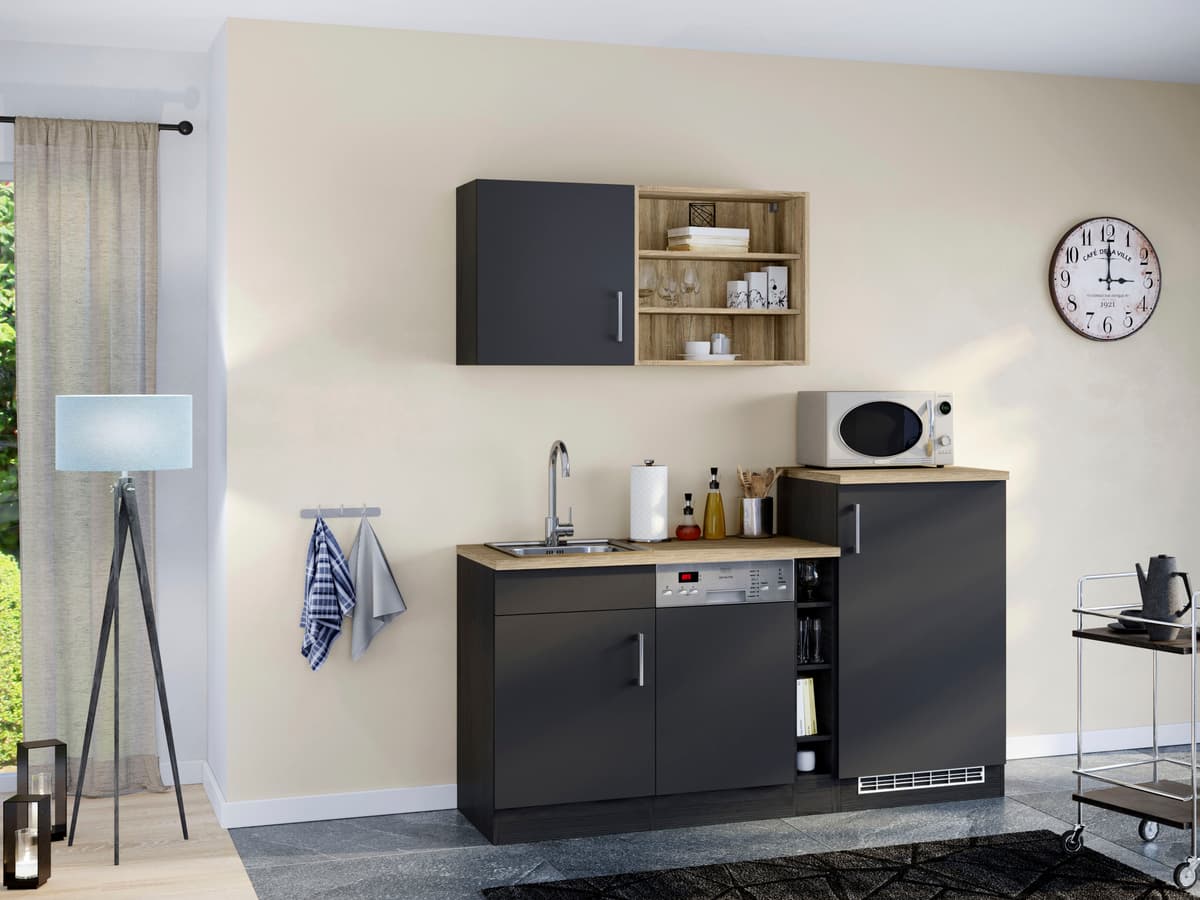 Küche KOCHSTATION "KS-Mali", grau (küche: grau, front: anthrazit, korpus: grau, arbeitsplatte: eiche sonoma), B:170cm H:200cm T:60cm, Komplettküchen-Sets, Küche, Breite 170 cm, mit E-Geräten