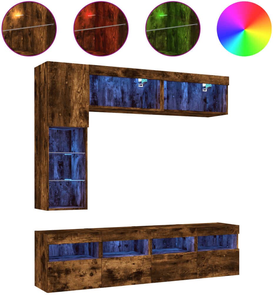 vidaXL Ensemble de meubles TV muraux 7 pcs et lumières LED chêne fumé