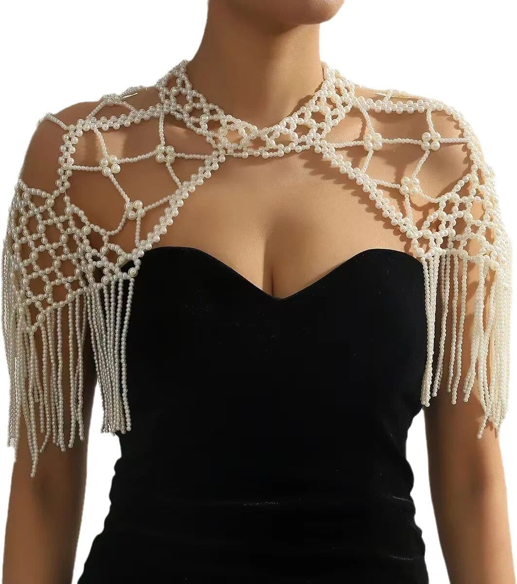 NONE Ladies Fashion Pearl Dress Shoulder Shawl Handmade Beading Body Chain Accessory Elegant Evening Wear Jewelry