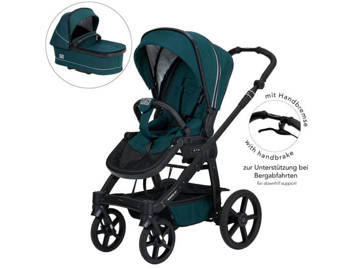 Hartan Kinderwagenset Rock IT HB Outdoor, Petrol, 3-teilig, 58x120x102 cm, EN 1888, UV 50+, AZO-frei, Made in Germany, Feststellbremse, Fußstütze abklappbar, Federung, kugelgelagerte Räder, 5-Punkte-Gurt, Handbremse, für Babyschale geeignet, Griff in Lederoptik, Sitz umsetzbar, Reflektorstreifen, abnehmbarer Schutzbügel,5-Punkt-Gurt, Gurtschoner, Schutzbügel abnehmbar, Sitz umsetzbar,Matratze, Baby on Tour, Kinderwagen, Kombikinderwagen