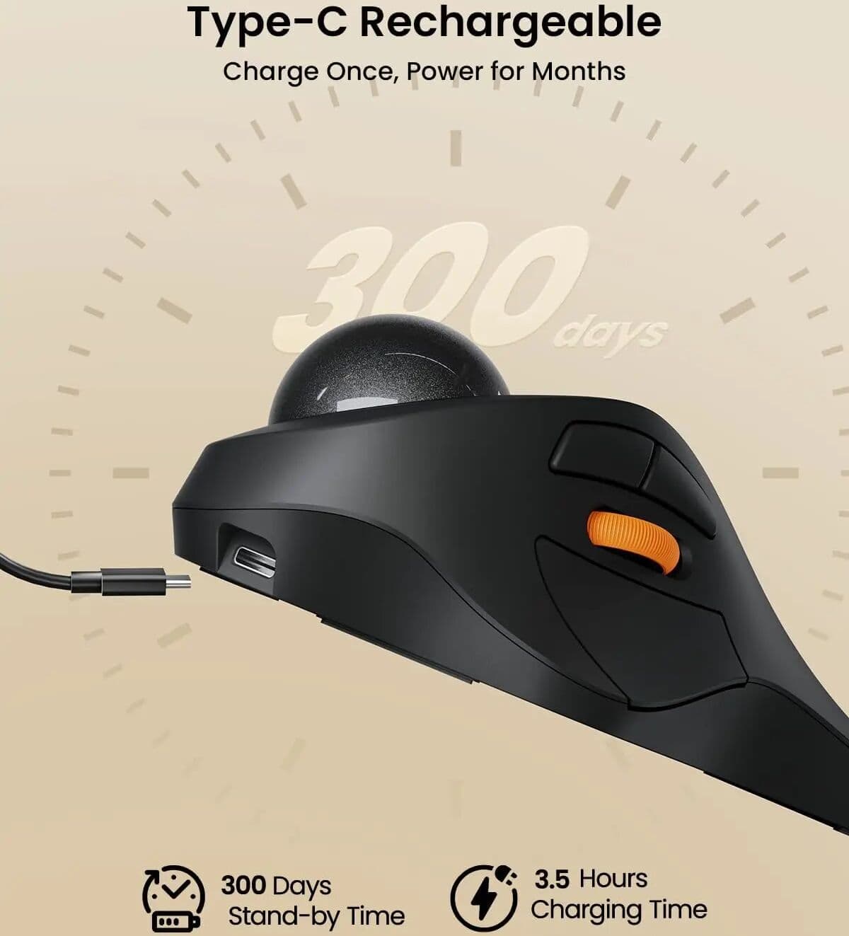 HRUEDA ProtoArc EM03 NL Wireless Index Finger Trackball Mouse Rechargeable RGB Backlit 3 Device Connection Ergonomic Mice for PC