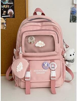 LightInthebox Tween Teen Girls Kawaii Backpack with Plush Bear Charm, Large Capacity School Bag with Pin Display Pocket, Cute Japanese Style Campus Backpack for Middle School