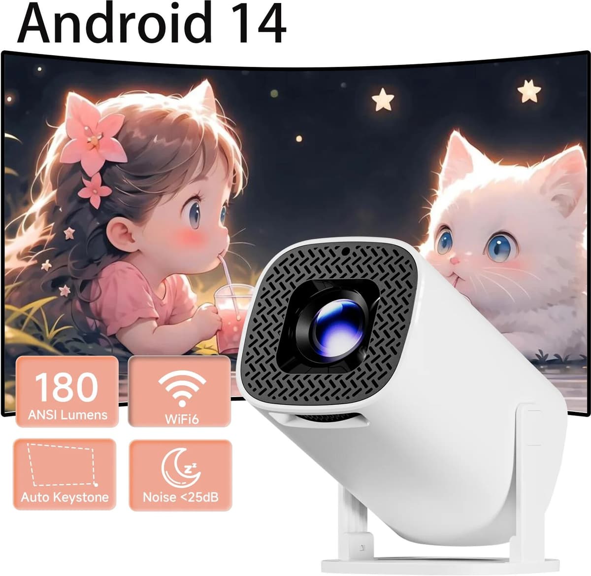 HONGTOP Smart Projector 4K Android 14 WiFi6 Supports 1080p*720p Screen Mirroring Smart Home Theater Outdoor Portable Projector