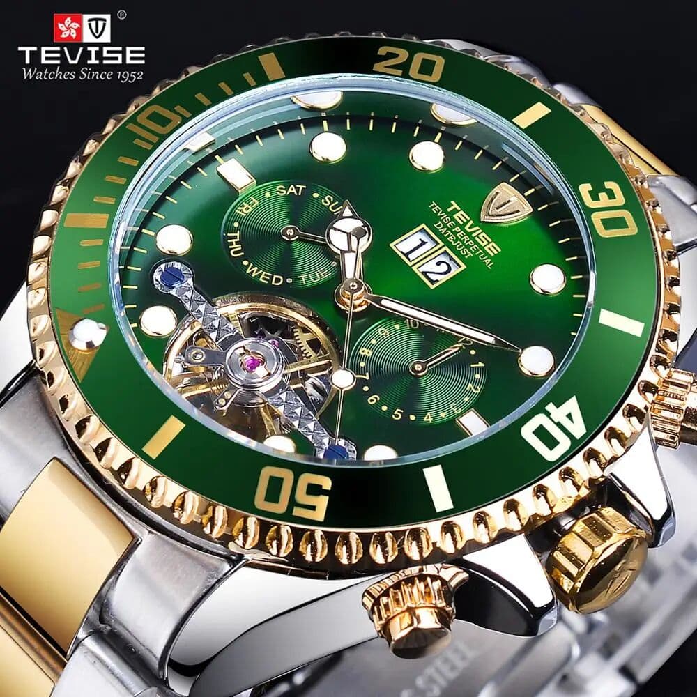TEVISE Top Brand Luxury Tourbillion Green Dial Golden Stainless Steel Mens Business Sport Design Men Automatic Sport Wrist Watch