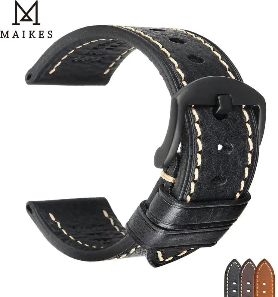 MAIKES Handmade Genuine Leather Watch Band 20mm 22mm 24mm Black Buckle Soft Watchband For Omega IWC Strap