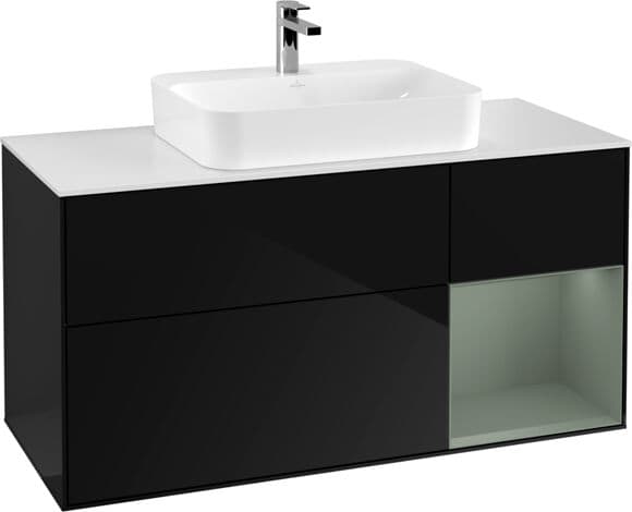 Villeroy und Boch Villeroy et Boch Finion Villeroy et Boch F421GMPH 120cm, plaque de finition blanc mat, étagère à droite Olive Matt Lacquer , Glossy Black Lacquer