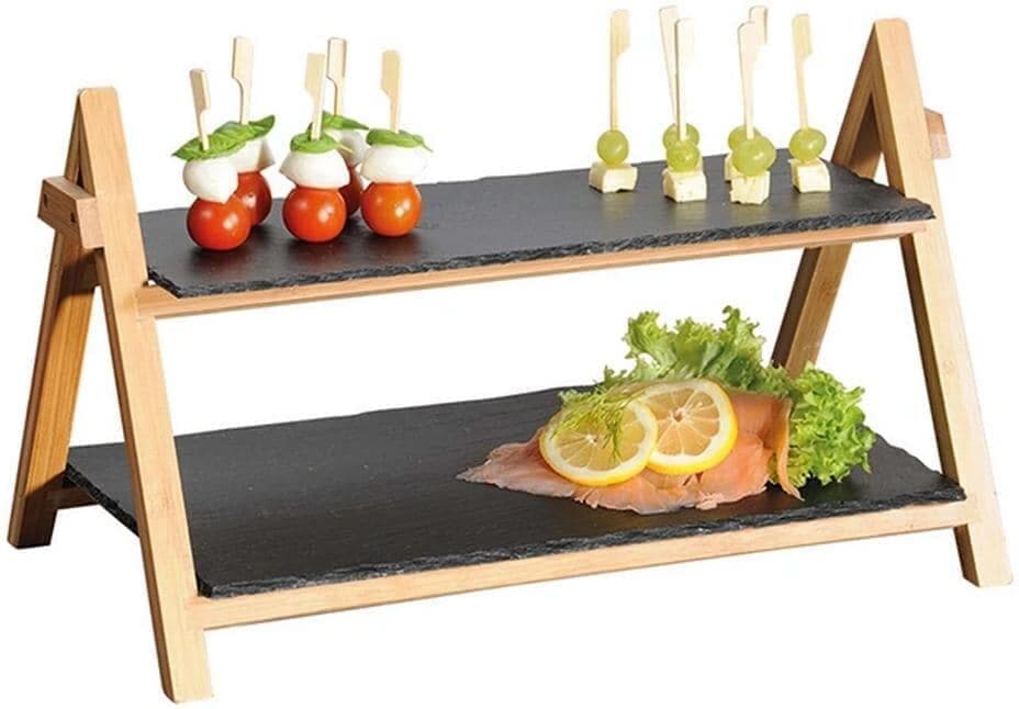 Etagere KESPER "2-stufig Schiefer Bambus rechteckig", schwarz (braun, schwarz), Bambus, Schiefer, Servierplatten, Etagere braun, schwarz Einheitsgröße