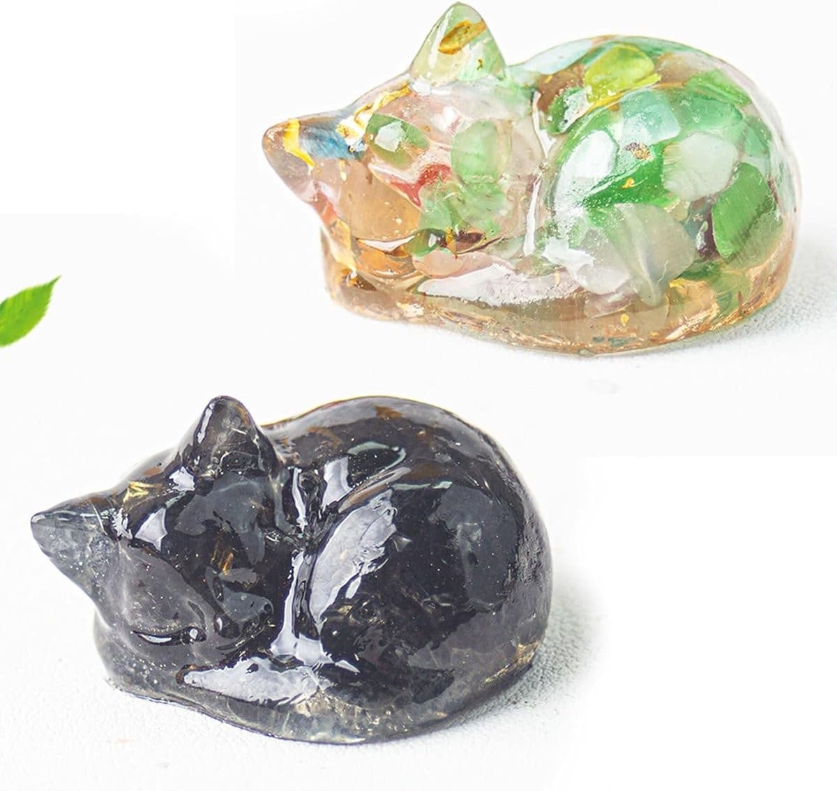 Set van 2 Slaapkat Crystal Ornamenten - Decoratieve Kristallen Kat Beelden voor op Tafel en Interieur
