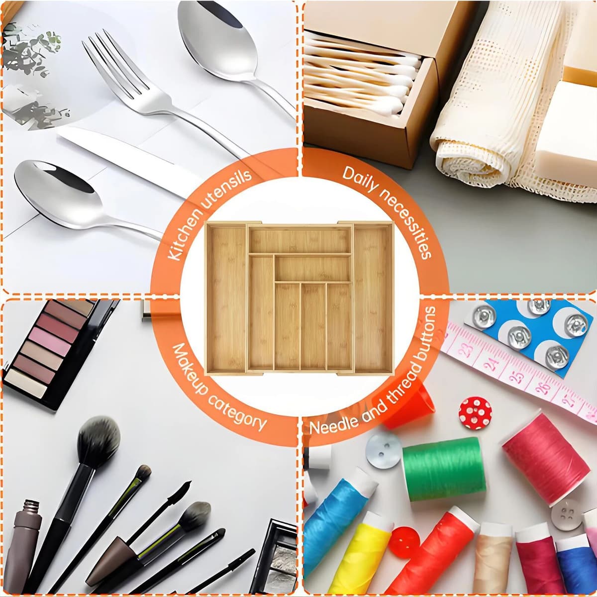 NONE Expandable Bamboo Cutlery Tray, 6-Compartment Adjustable Utensil Organiser for Kitchen Drawer – Fits Silverware, Flatware & Cooking Tools