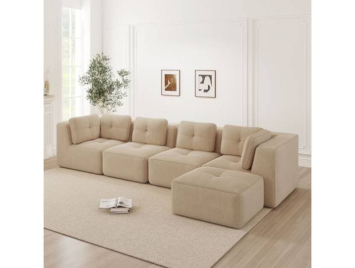Canapé d'angle modulable en velours côtelé beige assise profonde et confort moelleux