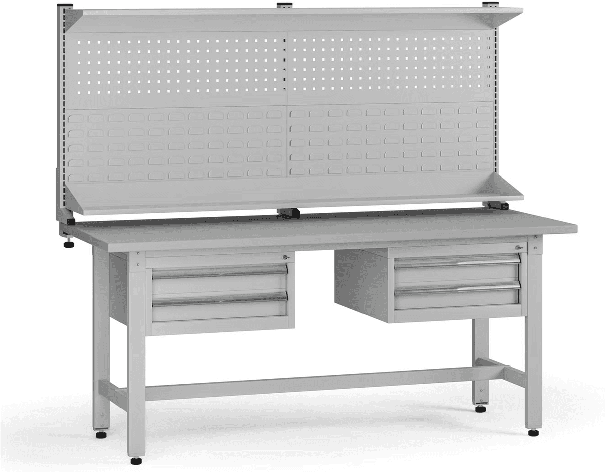 B2B Partner Stół warsztatowy z regulacją wysokości G5 z panelem, 1800 x 750 x 800-1000 mm, 2x kontener, 4x szuflada, szary