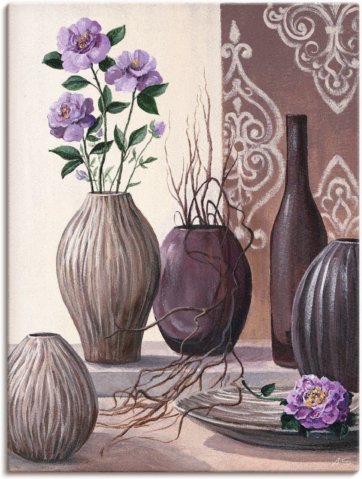 Leinwandbild ARTLAND "Violette Rosen und braune Vasen", lila (farbe bild(er): lila), B:60cm H:80cm, Bilder, Leinwandbild, auf Holzrahmen gespannt farbe bild(er): lila B/H/T: 60cm x 80cm, Leinwandbild Vasen & Töpfe, 1 Stk.