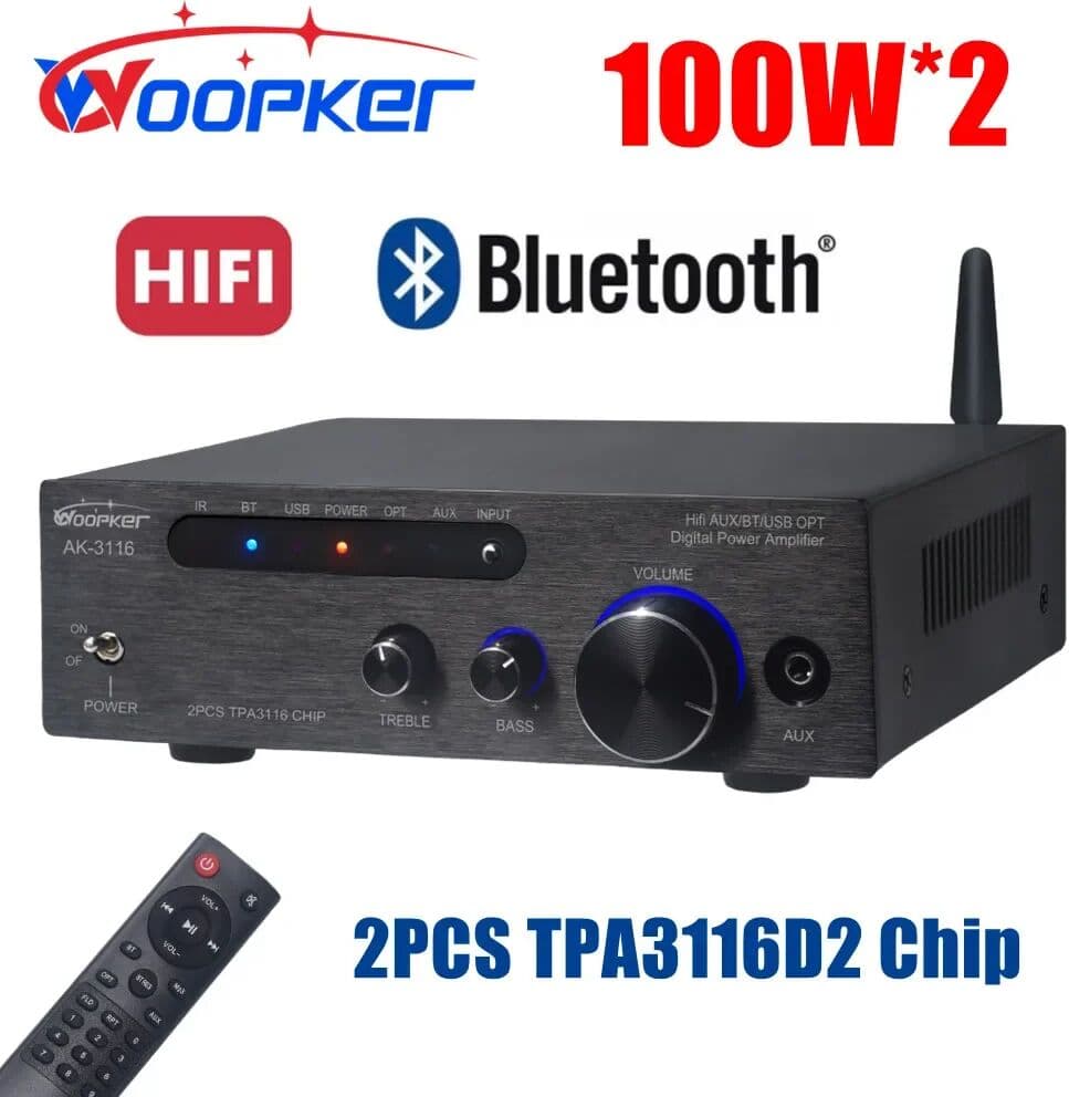Woopker AK3116 TPA3116 D2*2 Subwoofer Bluetooth Amplifier 100W x2 HiFi 2.0 Digital Audio Power Amp Bass Treble for Car RVs Yacht