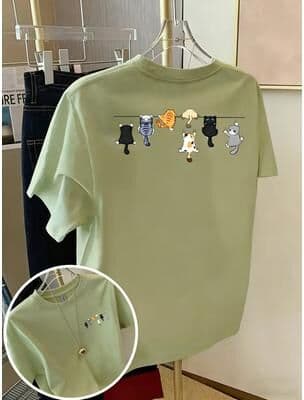 Universal Stock Cute Cat Graphic T Shirt For Women's Tee, Cotton Casual Summer Top green m