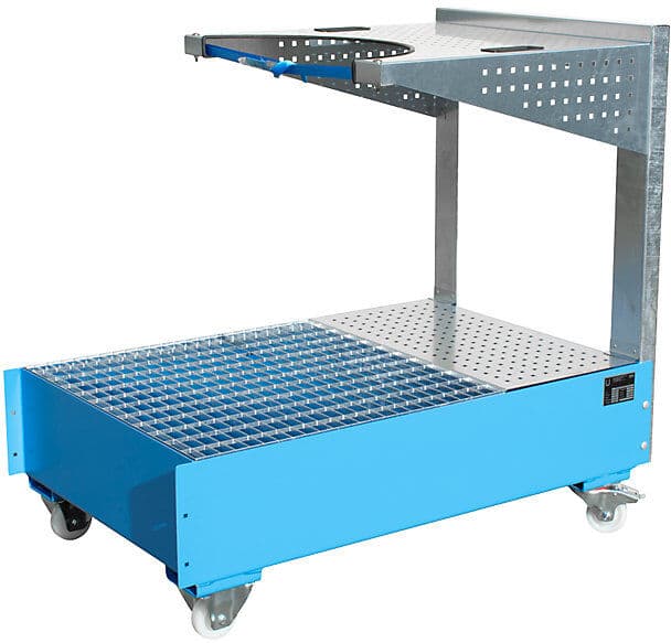 kaiserkraft Fahrbare Auffangwanne mit Lochplattenkonsole, für 1 x 200-l-Fass, LxBxH 1450 x 800 x 1195 mm, lackiert lichtblau