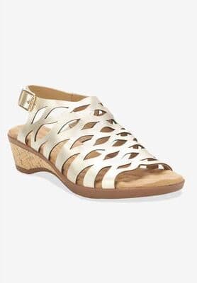 Wide Width Women's Katia Wedge Sandal by Ros Hommerson in Gold Platino Leather (Size 6 W)