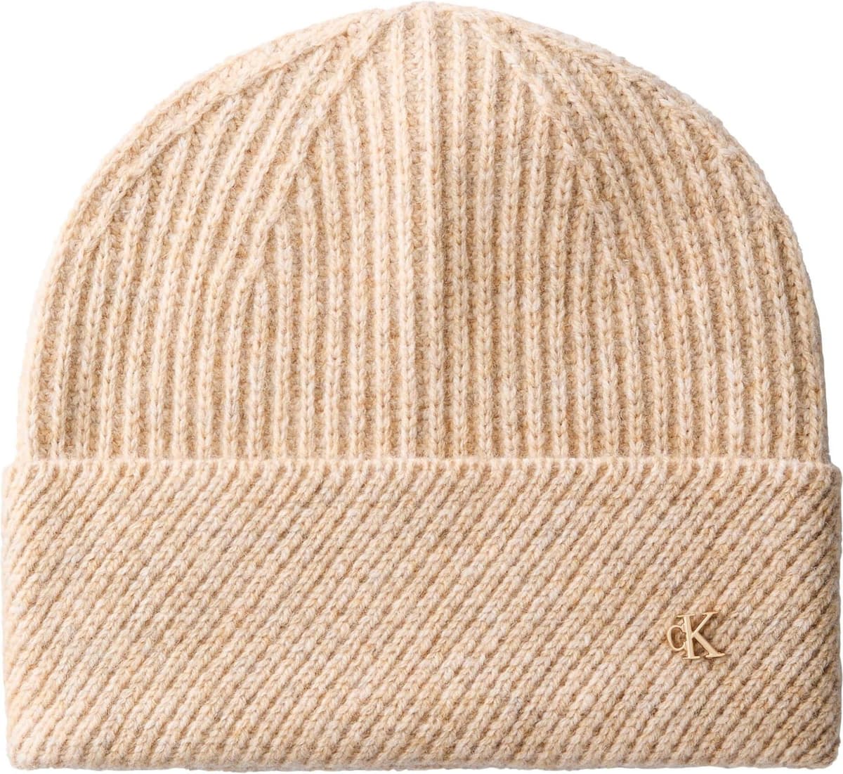 Beanie CALVIN KLEIN JEANS "CK METAL WOOL SLANTED RIB BEANIE", Damen, beige (beige heather bros), Strick, Wollmischung, unifarben, Mützen Beanie, Regular fit mit Markenlabel beige heather bros Einheitsgröße