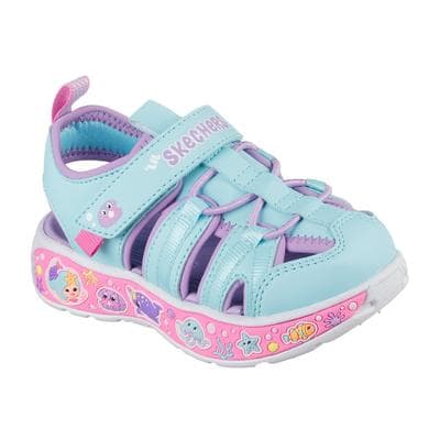 Sandale SKECHERS "PLAY SCENE SPLASH", Mädchen, Gr. 25, bunt (türkis, violett), Lederimitat, Schuhe Sandale, Badeschuh mit bunter Sohle, Größenschablone zum Download