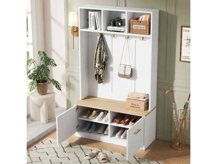 Norevia meuble d'entrée avec banc 2 portes et 4 crochets blanc et bois 105 x 40 x 180 cm