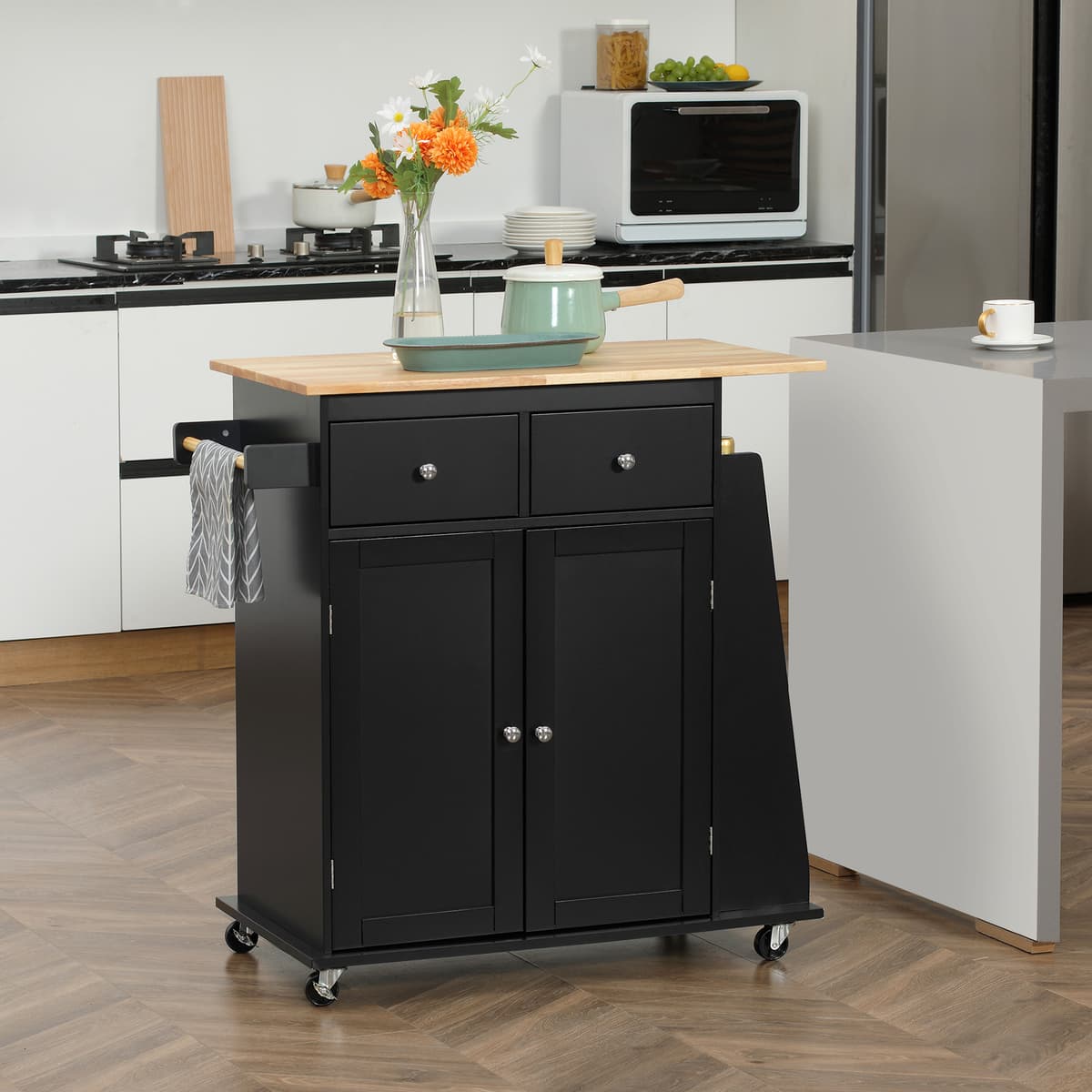 Homcom Carrello da Cucina con Armadietto, 2 Cassetti e Portaspezie, Isola da Cucina in Legno, 89x45x89.5cm, Nero