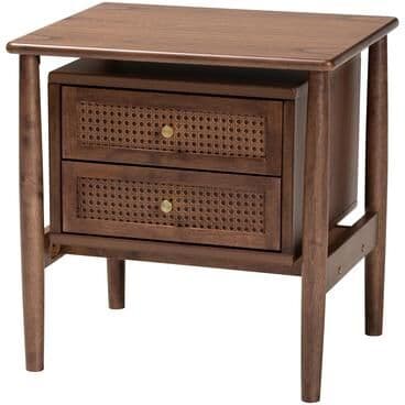 Baxton Studio Alyssa Japandi Walnut Brown Wood 2-Drawer Nightstand Woven with Rattan
