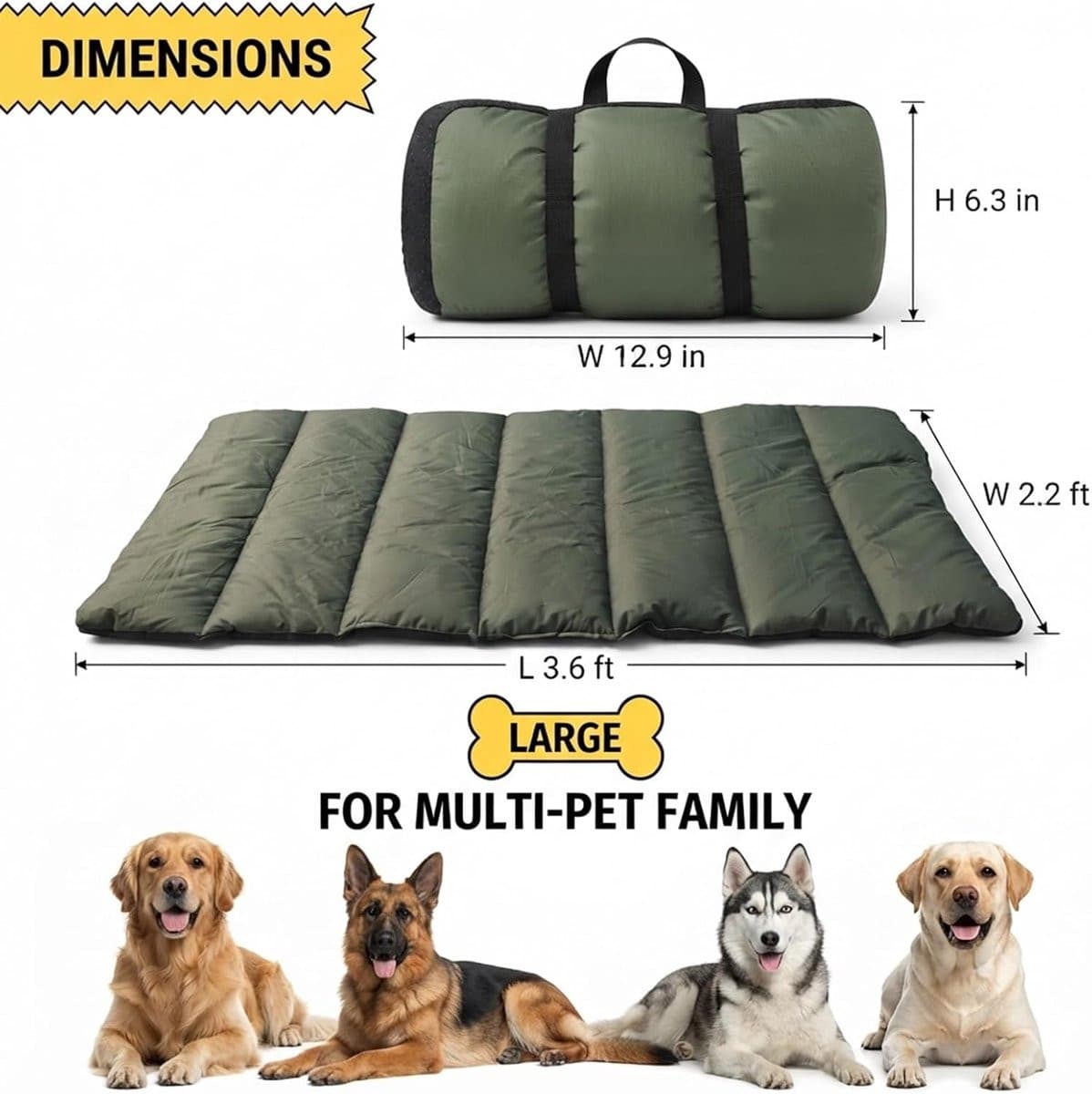 Waterdicht hondenbed en hondenkussen voor reizen en outdoor, olijfgroen, B: 110 cm, D: 68 cm