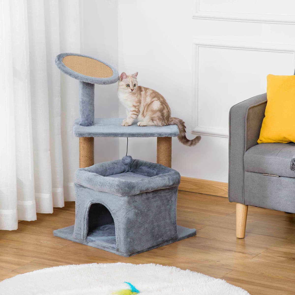 Pawhut Albero Tiragraffi per Gatti con Pali in Corda Juta, Casetta e Cuscino per Gatti, Rivestimento in Peluche, Altezza 84cm, Grigio Aosom