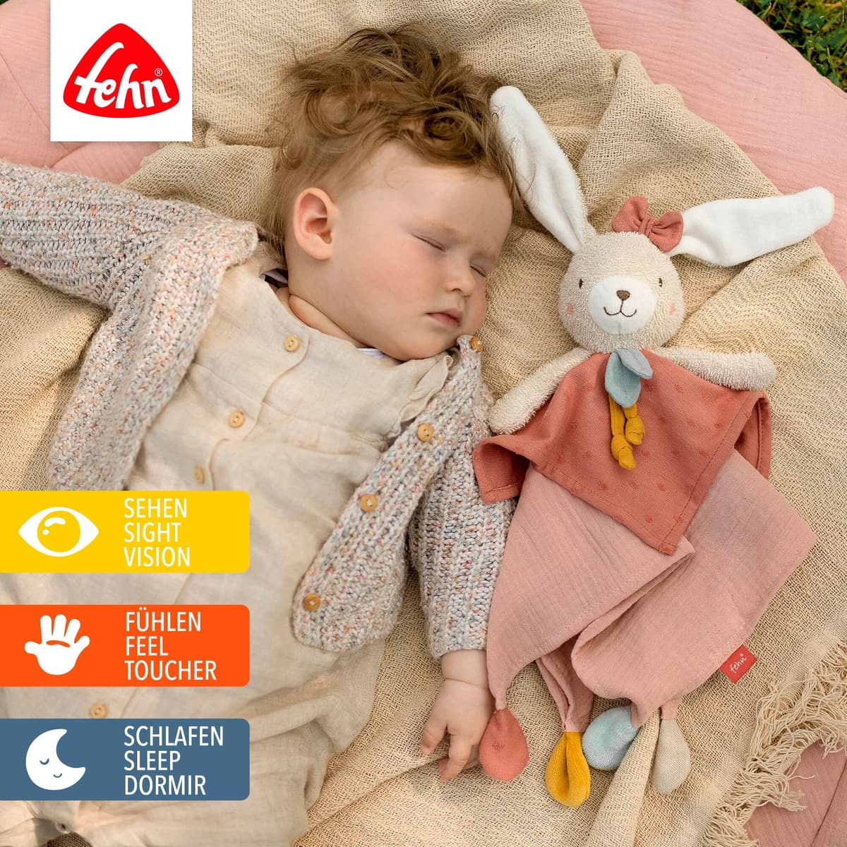 Schmusetuch FEHN "Schmusetuch Hase", Baby, bunt, Baumwolle, Plüsch, Schnuffeltücher Schmusetuch, mit Befestigungsring für Schnuller bunt Einheitsgröße