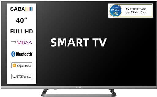 Saba SA40SM10VDA SMART TV 40'' FULL HD, Sistema operativo VIDAA, Triplo tuner DVBT2/C/S2 HEVC MAIN10, Certificato TivuSAT, Piedistallo centrale, Dolby Au