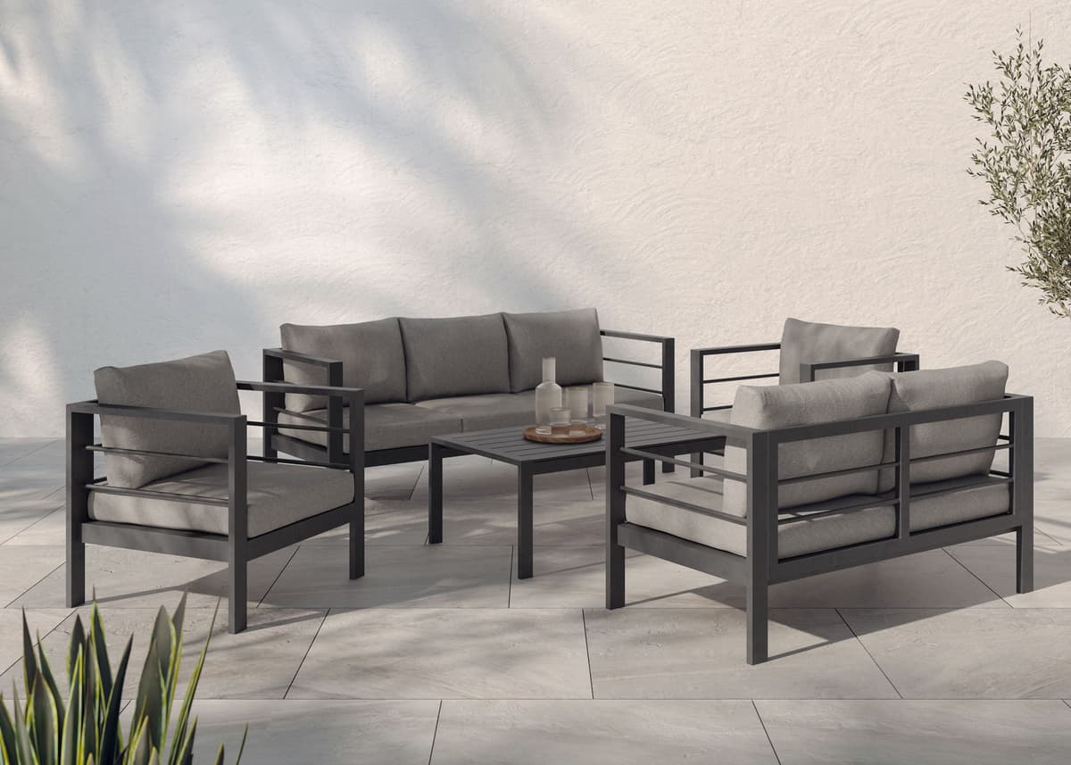 Gartenlounge-Set KONIFERA "»New Jersey«", schwarz (schwarz, dunkelgrau), Aluminium, Sitzmöbel-Sets, Gartenlounge-Set, inkl. Auflagen, Tischplatte aus Nonwood schwarz, dunkelgrau Einheitsgröße