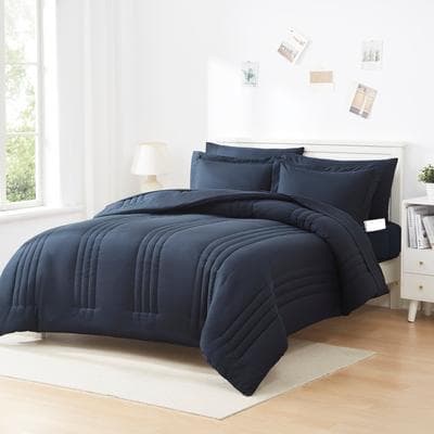 Sweet Home Collection 8 Piece Quilted Solid Stripe Comforter, Sheet Set and Mattress Protector Bedding Bundle
