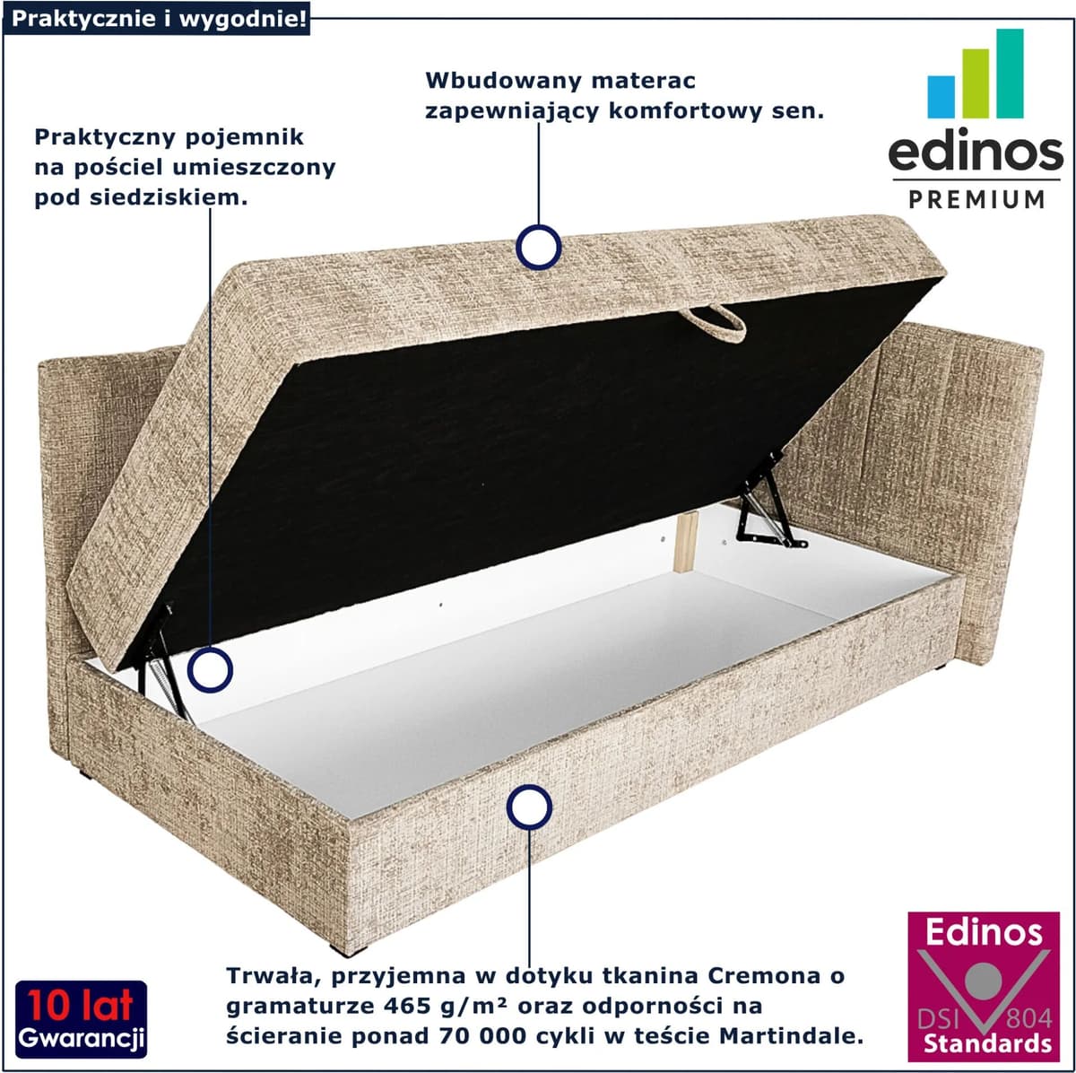 Edinos Premium Beżowy tapczan jednoosobowy z pojemnikiem na pościel 90x200 N9-F79