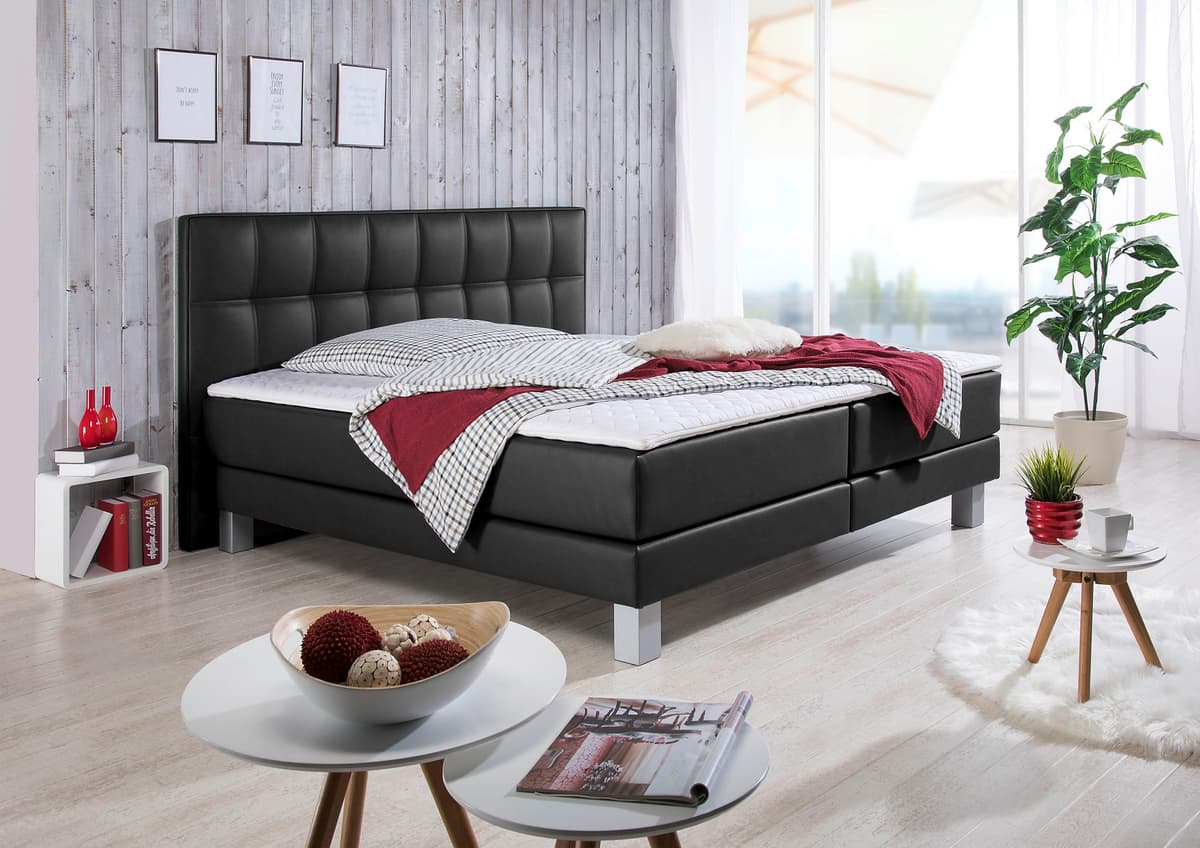 Boxspringbett HOME AFFAIRE "Tavira", schwarz, B:147cm L:208cm, Komplettbetten, Boxspringbett, in 4 Breiten, 4 Farben und 3 Matratzenarten, incl. Topper schwarz Kunstleder, Liegefläche B/L: 140cm x 200cm Betthöhe: 50cm, Gewicht bis: 120 kg H4, 7-Zonen-Tasc