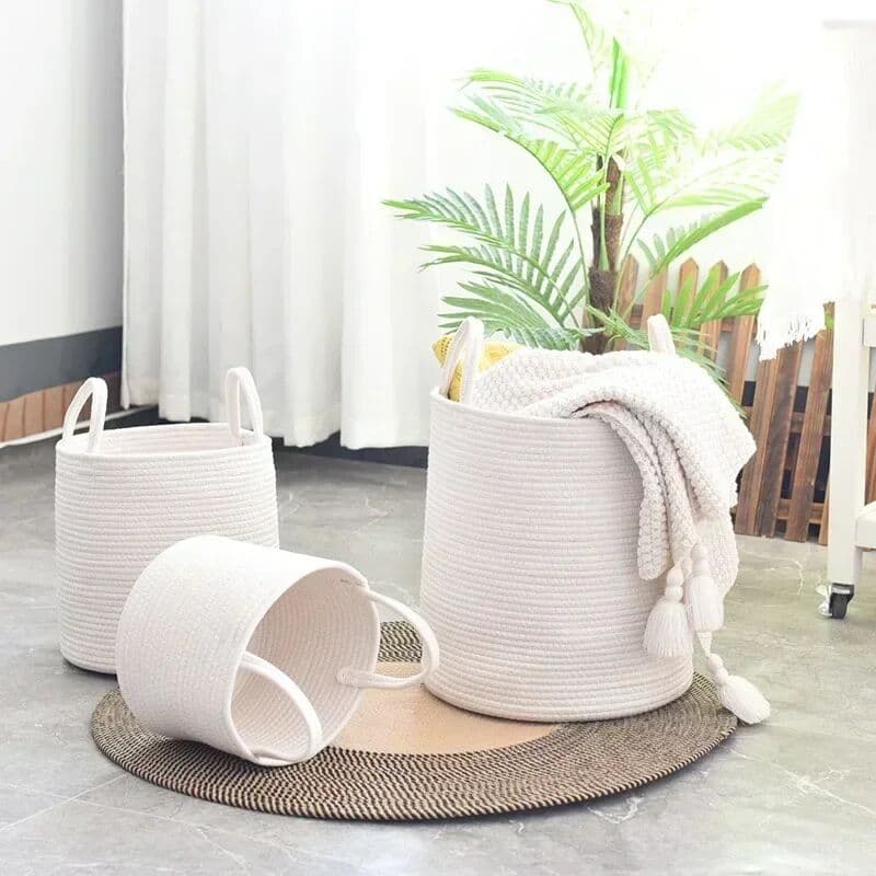 NONE Woven Laundry Basket Storage Organizer, Cotton Rope Basket Nursery Kids Toy, Solid White Small Medium Large