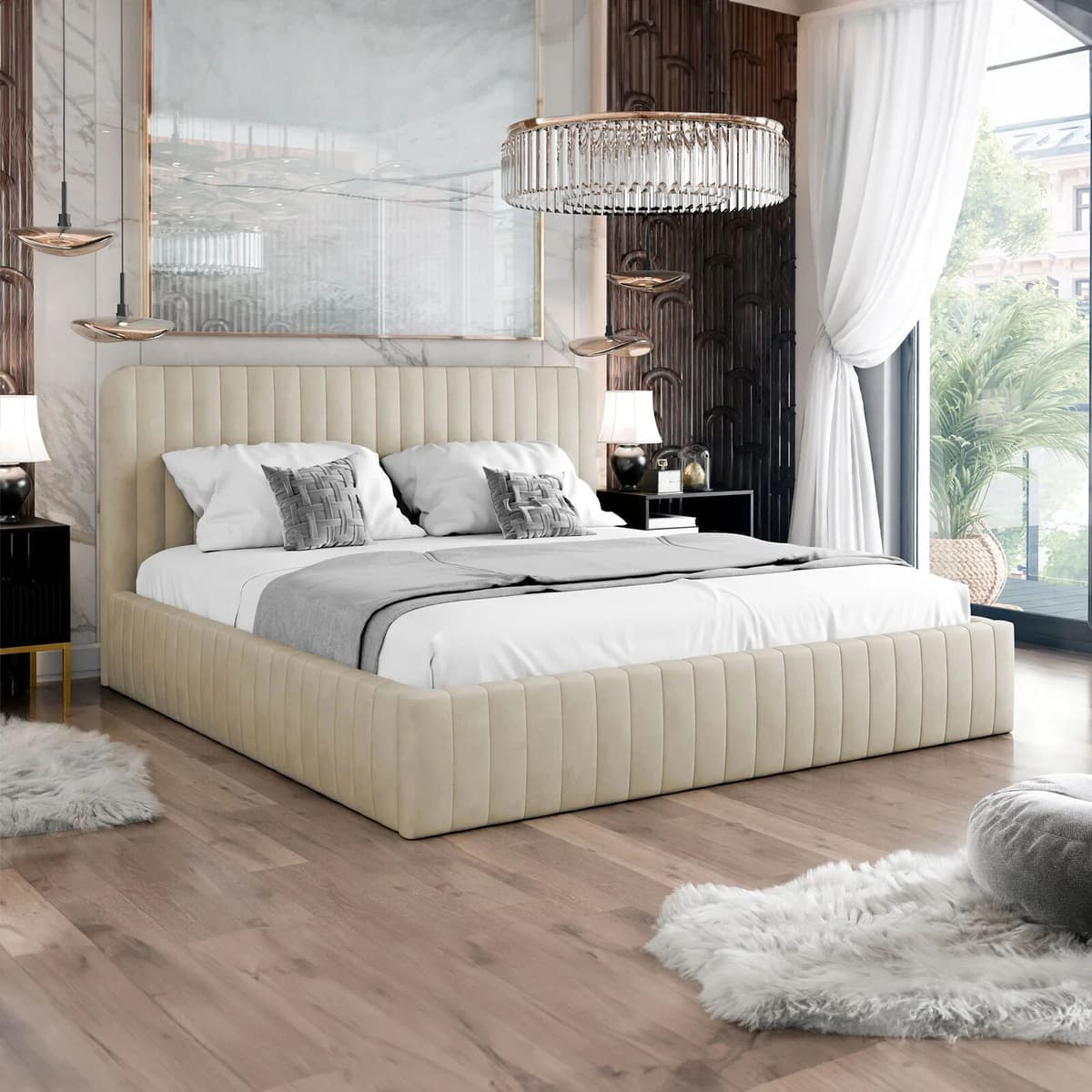 garneroarredamenti Letto contenitore matrimoniale oversize 180x200 imbottito velluto beige Poffi