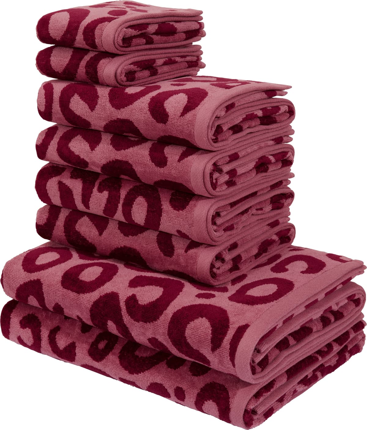 Handtuch Set GOODPRODUCT "Anna Leopardenmuster, 8-tlg Handtuch-Set, 100% Baumwolle", rot (bordeaux, beere), 8, Frottiervelours, Frottiervelours, Obermaterial: 100% Baumwolle, Handtuch-Sets, Handtuch Set, Duschtücher, Handtücher und Gästetücher, weich, mod