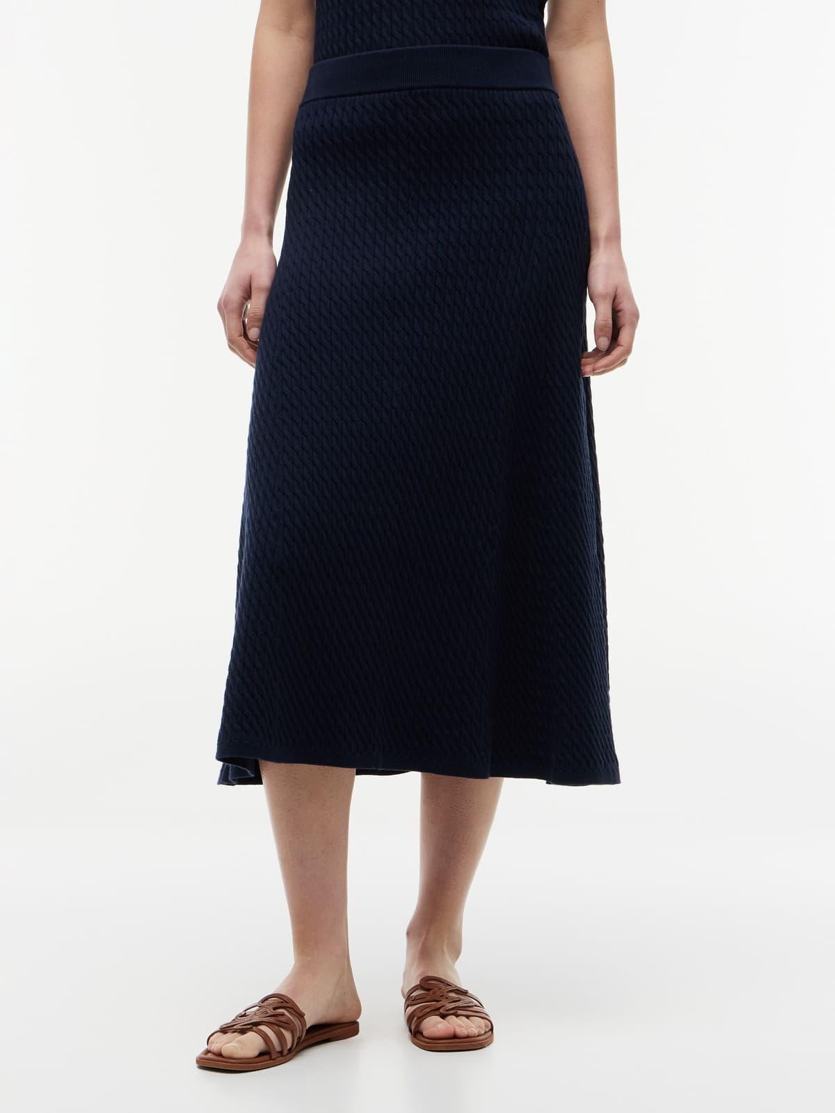 Strickrock TOMMY HILFIGER "CO CABLE FINE GG F&F SKIRT", Damen, Gr. L (42/44), blau (schwarz night navy), Strick, Obermaterial: 78% Baumwolle, 22% Polyamid, unifarben, regular fit lang, Röcke Strickrock, Baumwollmischung, Zopfstrick schwarz night navy L (4