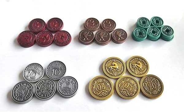 Stonemaier Games Scythe Expeditions Metal Coins Set, 80 Custom Metal Coins, 5 Denominations, Compatible with Scythe and Expeditions Board Games