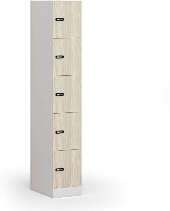 B2B Partner Szafka skrytkowa S1, 5 schowków, 1850 x 300 x 500 mm, demontaż, zamek mechaniczny z kodem, drzwi laminowane, dąb naturalny
