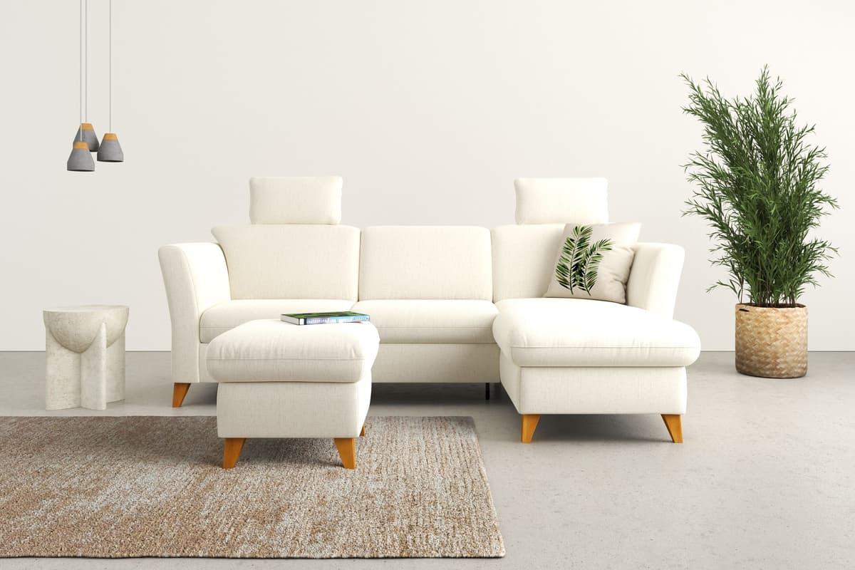 Ecksofa HOME AFFAIRE "Trelleborg L-Form", beige (creme), B:249cm H:86cm T:162cm, 100% Polyester, Sofas, Ecksofa, Federkern-Polsterung, wahlweise mit Schlaffunktion und Bettkasten creme B/H/T: 249cm x 86cm x 162cm, Struktur fein, Recamiere rechts,mit Bettf