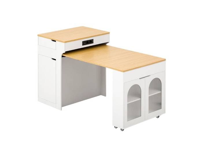 Îlot central mobile blanc avec table extensible 98 cm prises intégrées 2 tiroirs et portes vitrées