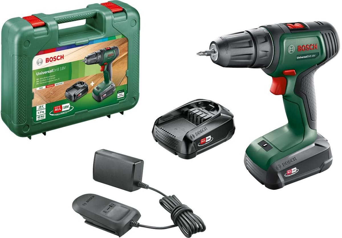 Akku-Bohrschrauber BOSCH "UniversalDrill 18 V Kit", bunt (mehrfarbig), Bohrmaschinen, Akku-Bohrschrauber mehrfarbig Einheitsgröße